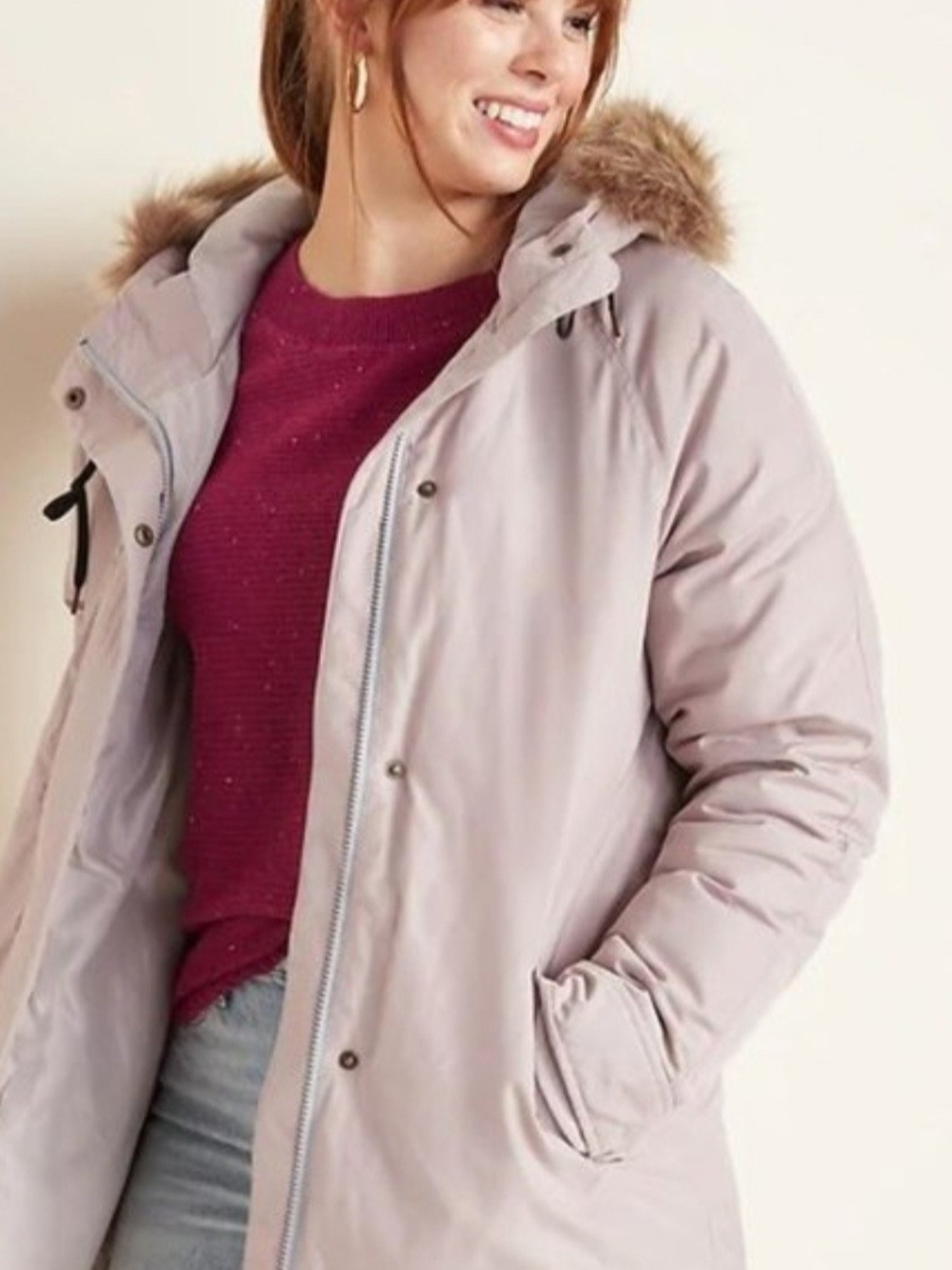 Old Navy Light Mauve Faux-Fur Trim Hooded Puffer Coat